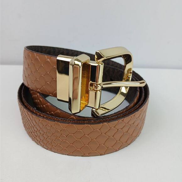 Michael Kors SZ 37 Reversible Signature Logo And Croc Leather Belt In Brown-Gold - Picture 3 of 5